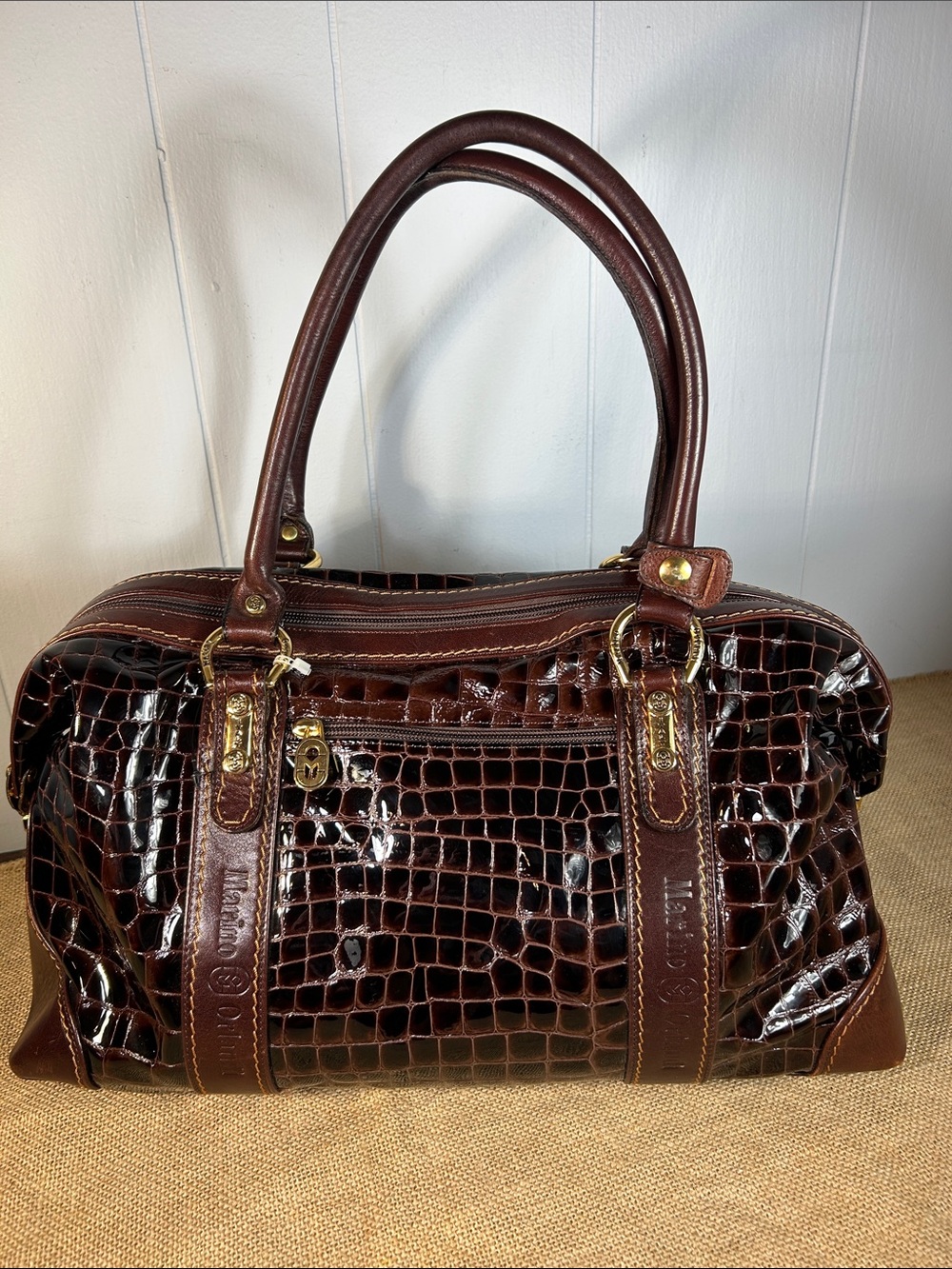 Marino Orlandi Dark Brown Croc-Embossed Satchel with Gold Hardware